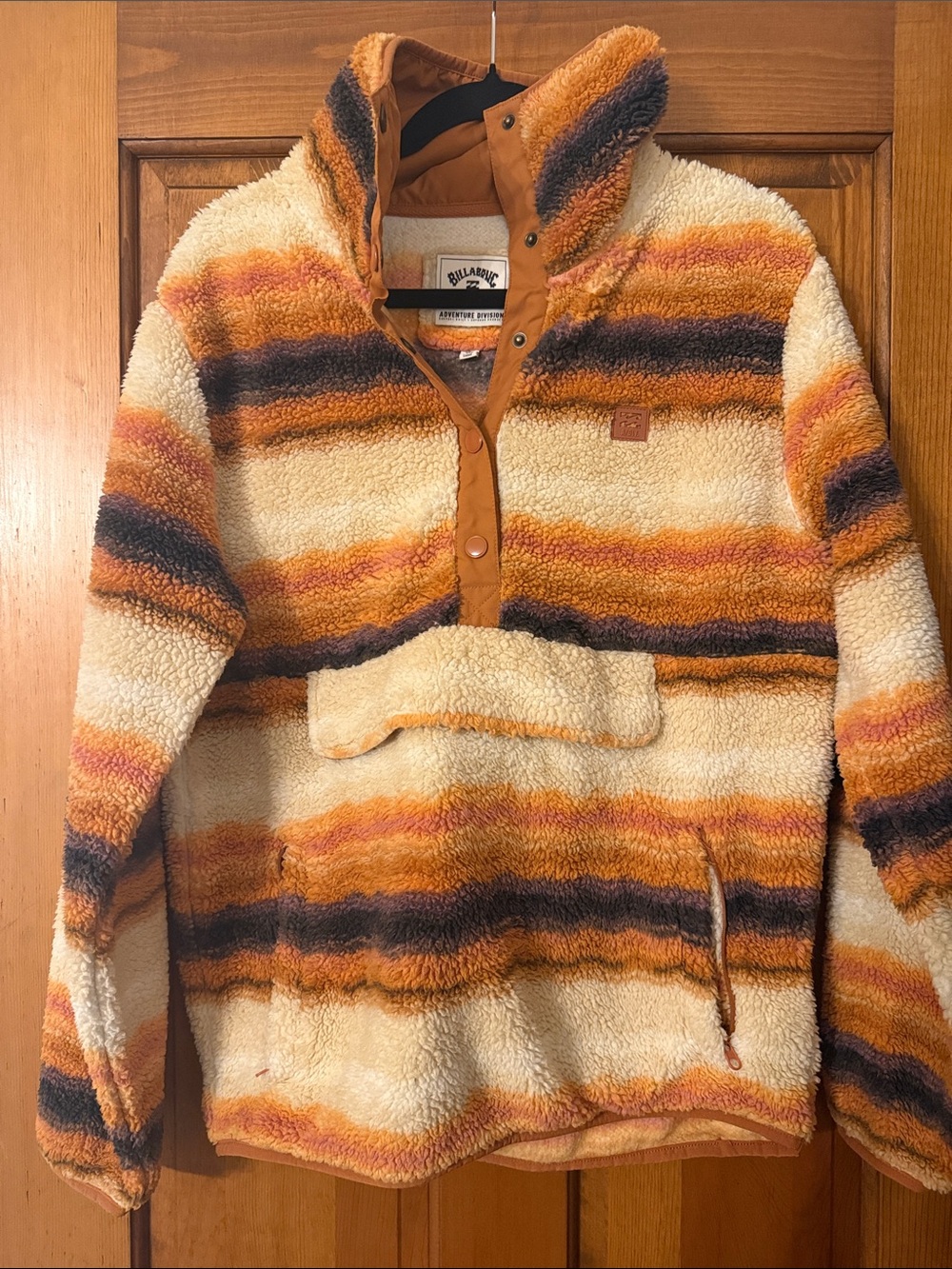Billabong Men's Sherpa Zip Pullover - Cream, Orange & Brown Stripes